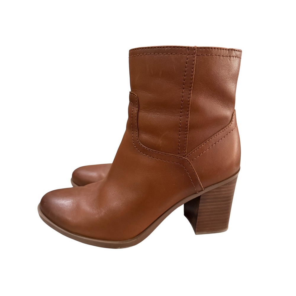 Naturalizer 8 Brown Leather Ankle Boots Block Heel Side Zip Tan Booties